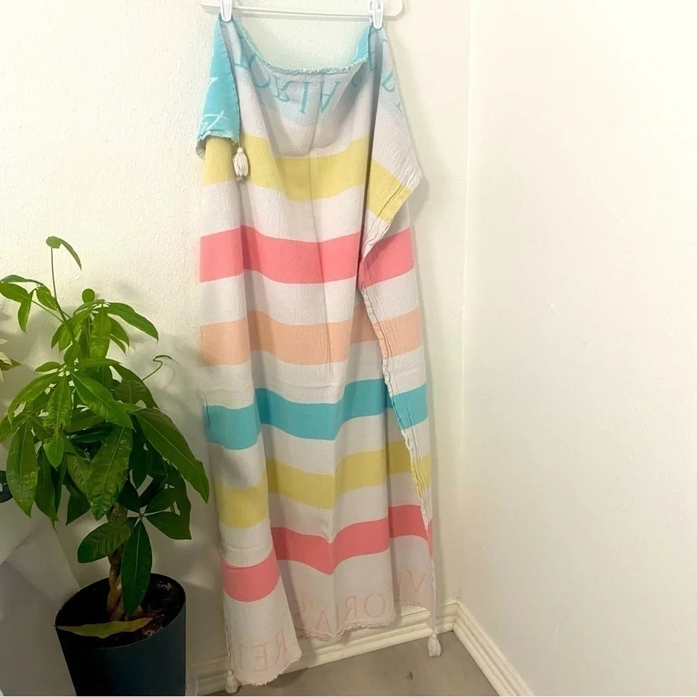 Victoria Secret Throw Beach Blanket 50x60” Peach Pink Yellow Blue 100% Cotton